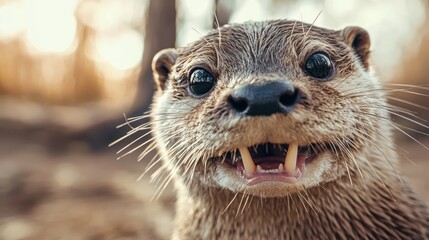 Canvas Print - A close up of an otter with its mouth open and teeth showing, AI