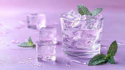 Poster -   A glass of water with ice cubes and mint sprigs on a purple surface has water droplets