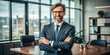 © Man888 - A confident businessman wearing glasses poses in a law firm office, exuding pride and ambition in his corporate career as a successful legal advocate.