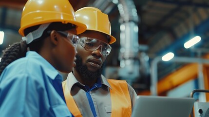 Focused individuals in protective gear discuss plans while examining a laptop in an industrial setting, showcasing teamwork and dedication to their work