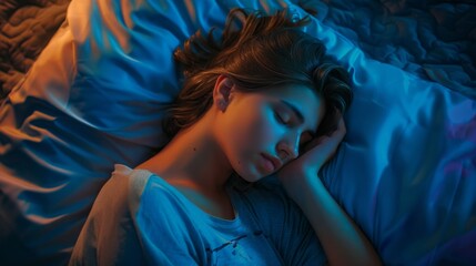 Poster - Bathed in soft blue hues, a young woman rests peacefully on her side, the gentle light creating a calming atmosphere in her cozy bedroom
