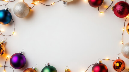 Poster - Festive Christmas ornaments and fairy lights arranged in a decorative border on a light-colored background, perfect for seasonal celebrations