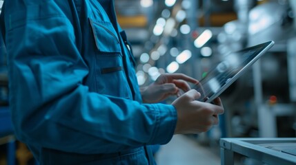 Poster - Amidst a bustling factory environment, a skilled technician diligently operates a tablet, surrounded by machinery and bright overhead lights, showcasing the fusion of technology and industry