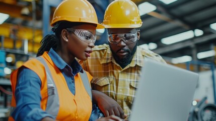 Poster - Two dedicated individuals in safety gear engage thoughtfully over a laptop, sharing ideas amidst the bustling environment of an industrial facility