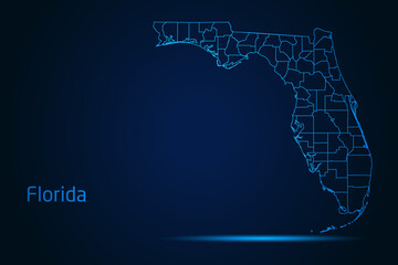 Wall Mural - Abstract High Detailed Glow Blue Map on Dark Background of Map of Florida symbol for your web site design map logo, app, Travel. Vector illustration eps 10.	
