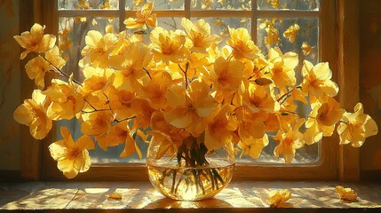 Sticker -  A sun-bright window reveals a vase brimming with vibrant yellow daffodils