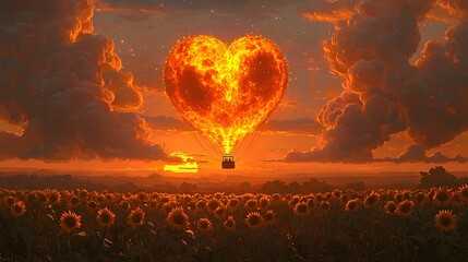 Canvas Print -   A sunflower field with clouds in the background and a heart-shaped hot air balloon flying above it