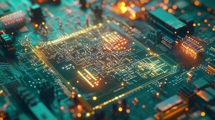 Poster - Close-up of a vibrant circuit board showcasing intricate electronic pathways and luminous details, captured in a technology lab setting