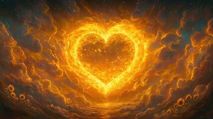 Poster -  A sunflower-framed painting of a fiery heart in a midnight sky