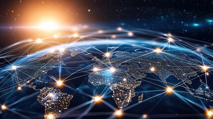 Poster - Aerial view of Earth connected by networks of light, showcasing digital communication and global connectivity during sunrise