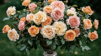 Poster -  Lush green field with trees in the background, vase filled with pink and yellow flowers