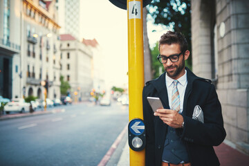 Aufkleber - Businessman, phone and advocate in city for communication, commute and networking. Male person, legal advice and lawyer consulting on agenda for case planning, online information and travel in town