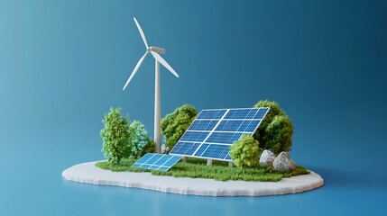 Sustainable Energy Concept: Wind Turbine and Solar Panels on an Island