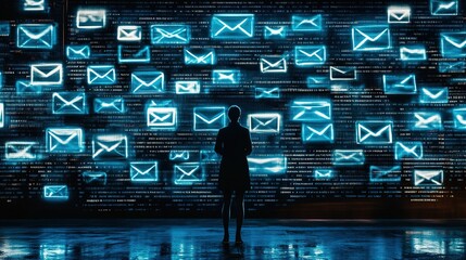 Poster - Person standing in front of an illuminated wall displaying glowing email icons and digital data at night in a tech-inspired environment