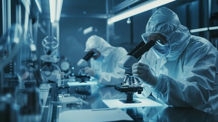 Poster - two researchers clad in white protective suits diligently examine samples using advanced microscopes