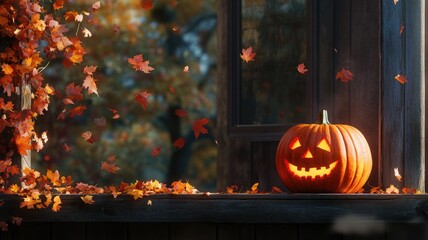 Wall Mural -  Jack-o-lantern on the porch with falling autumn leaves, creating a classic Halloween scene at dusk.