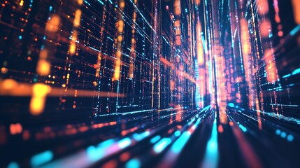Poster - Vibrant digital data stream with glowing lines in a futuristic environment at night creating a mesmerizing visual effect