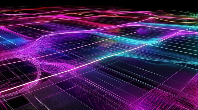 Vibrant abstract lines form a dynamic landscape of colors on a dark background, showcasing digital flow and movement at night