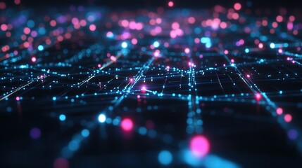 Poster - Colorful digital network visual showcasing connected nodes and glowing particles in a futuristic perspective at night
