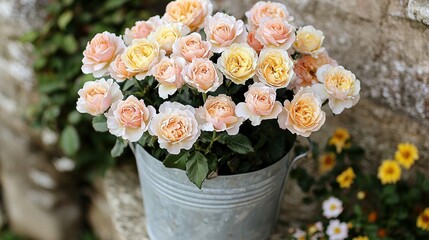 Poster -   A metal bucket contains pink and yellow flowers, while a stone wall features white and yellow flower growth