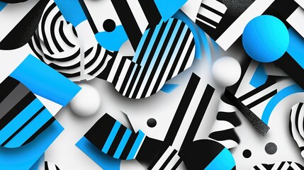 Poster - Colorful geometric patterns in blue and black shapes on a white background creating a modern abstract design