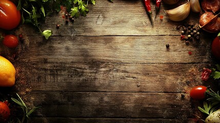 Wall Mural - Fresh vegetables and herbs arranged on a rustic wooden table in a warm kitchen setting during the late afternoon