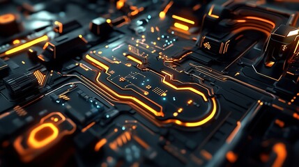 Poster - Close-up view of a futuristic circuit board featuring glowing orange lines and intricate details during a digital technology showcase