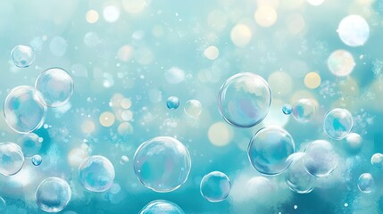 Poster - shimmering bubbles floating in a turquoise background with soft light highlights during a tranquil morning