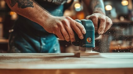 A man is sanding a piece of wood with a sander