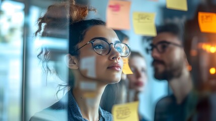 Poster - Team Brainstorming with Colorful Sticky Notes on a Transparent Glass Wall Clean Background for Copy Space Creative and Collaborative Atmosphere in the Modern Office