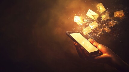 Poster - Hands holding a smartphone with glowing envelopes emerging, representing digital communication and messaging in a creative manner