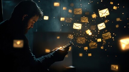 A man engages with a smartphone, surrounded by glowing email icons representing digital communication at night