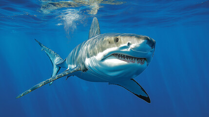 Great white shark swimming in blue ocean water