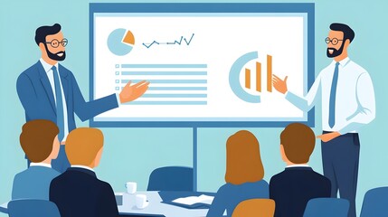 Poster - Businessman Presenting to a Group of Colleagues or Clients in a Professional Corporate or Business Setting with a Large Screen Backdrop for Displaying Visuals Charts or Presentation Materials