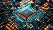 © Tomass - Close-up of a glowing circuit board with central processor, depicting modern technology innovation