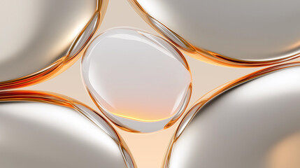 Poster - Abstract background with transparent glass bubbles and golden lines flowing on a beige background