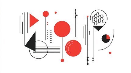 Poster - Abstract geometric design featuring red and black shapes with lines on a white background
