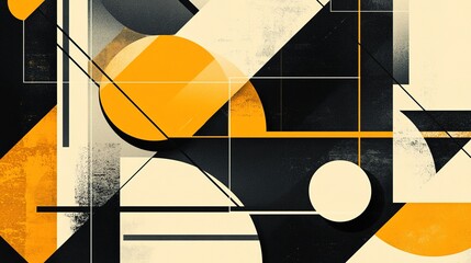 Poster - Abstract geometric design featuring black, white, and yellow shapes and lines on a textured background