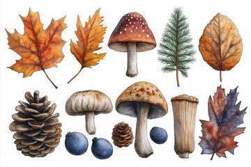 Aufkleber - Watercolor set of autumn forest plants showing mushrooms, leaves, pine cones, and berries