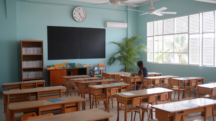 Poster - Students waiting in empty classroom with turquoise walls