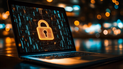 Leinwandbilder - Laptop showing lock icon with city lights background at night cyber security concept