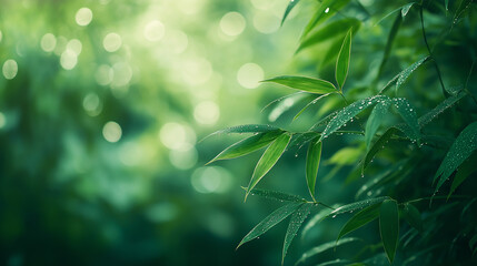Poster - Bamboo forest green leaves with water drops glowing in sunlight