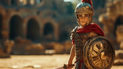 Boy dressed as a gladiator with a toy sword and shield, on a sandy arena background