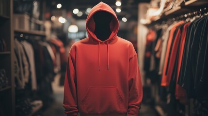 A red hoodie is displayed in a store