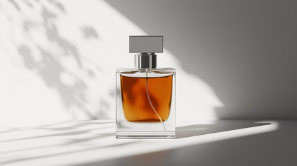 Poster - Transparent perfume bottle casting shadows on a white surface