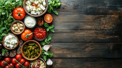 traditional Greek food, on a wooden table background