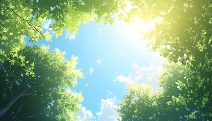 Wall Mural - anime-style background featuring blue sky, green trees, and sunlight shining through leaves