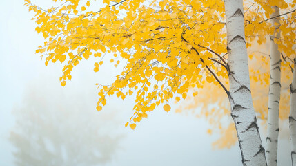 Aufkleber - White birch trees with golden leaves during foggy autumn day