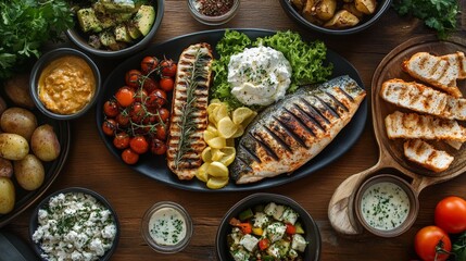 traditional Greek food, on a wooden table background