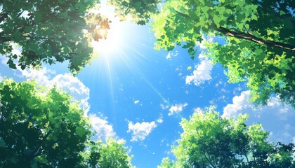 Wall Mural - anime-style background featuring blue sky, green trees, and sunlight shining through leaves
